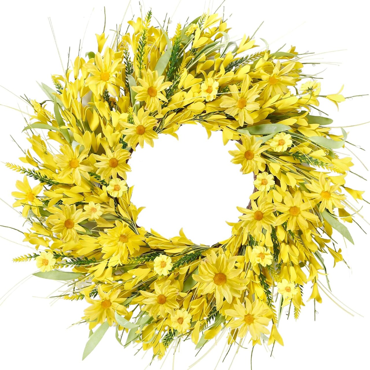 Spring Wreath with Forsythia Flowers, Yellow Daisies and Lavender Green Leaves - Artificial Silk Floral Wreath for Front Door or Wall - 21 Inches